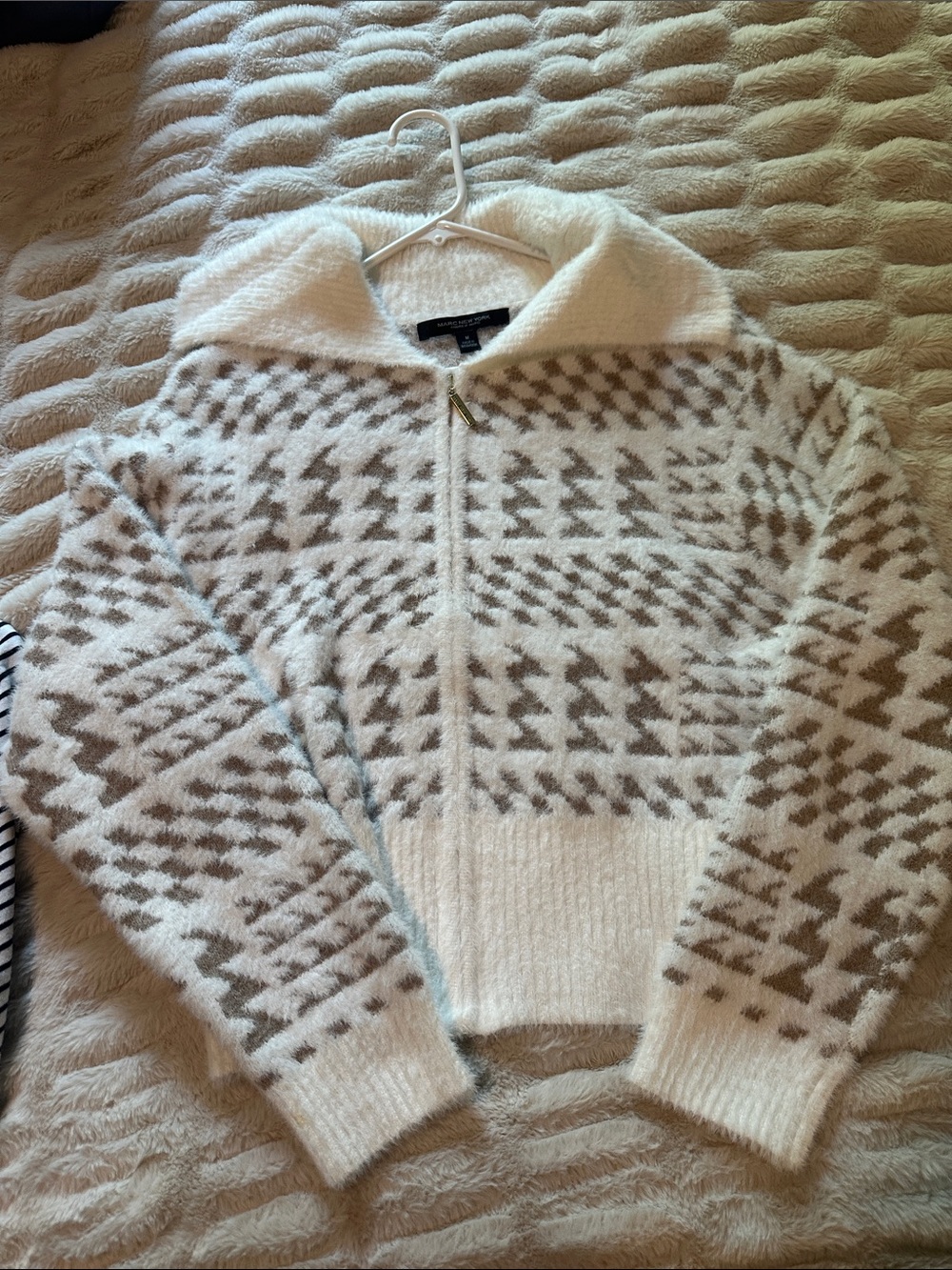 Women's Zip-Front Geometric Knit Cardigan - Cream & Taupe